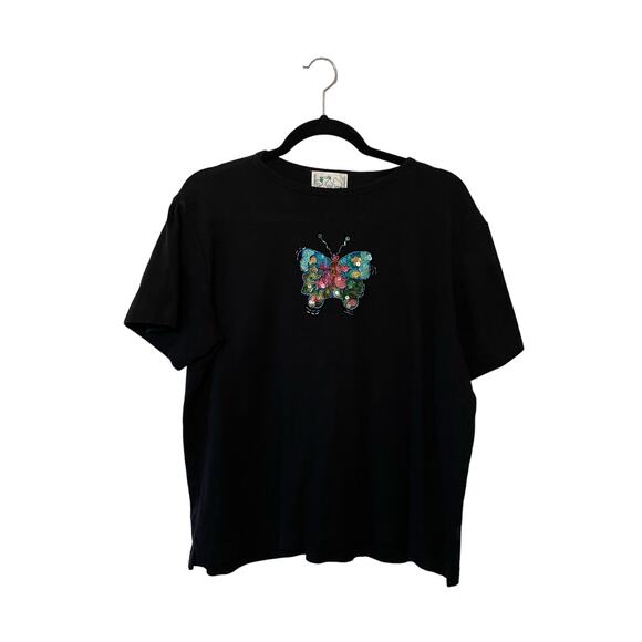 Quacker Factory L 100% cotton butterfly beaded sequin black short sleeve t-shirt - Picture 1 of 7